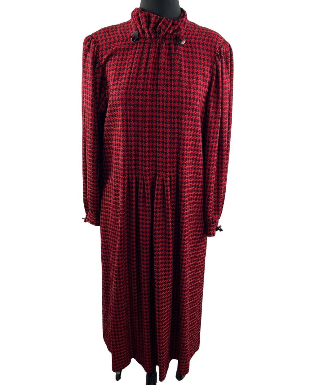 VINTAGE Red Black Houndstooth Print Long Sleeve High Neck Button Back Maxi Dress